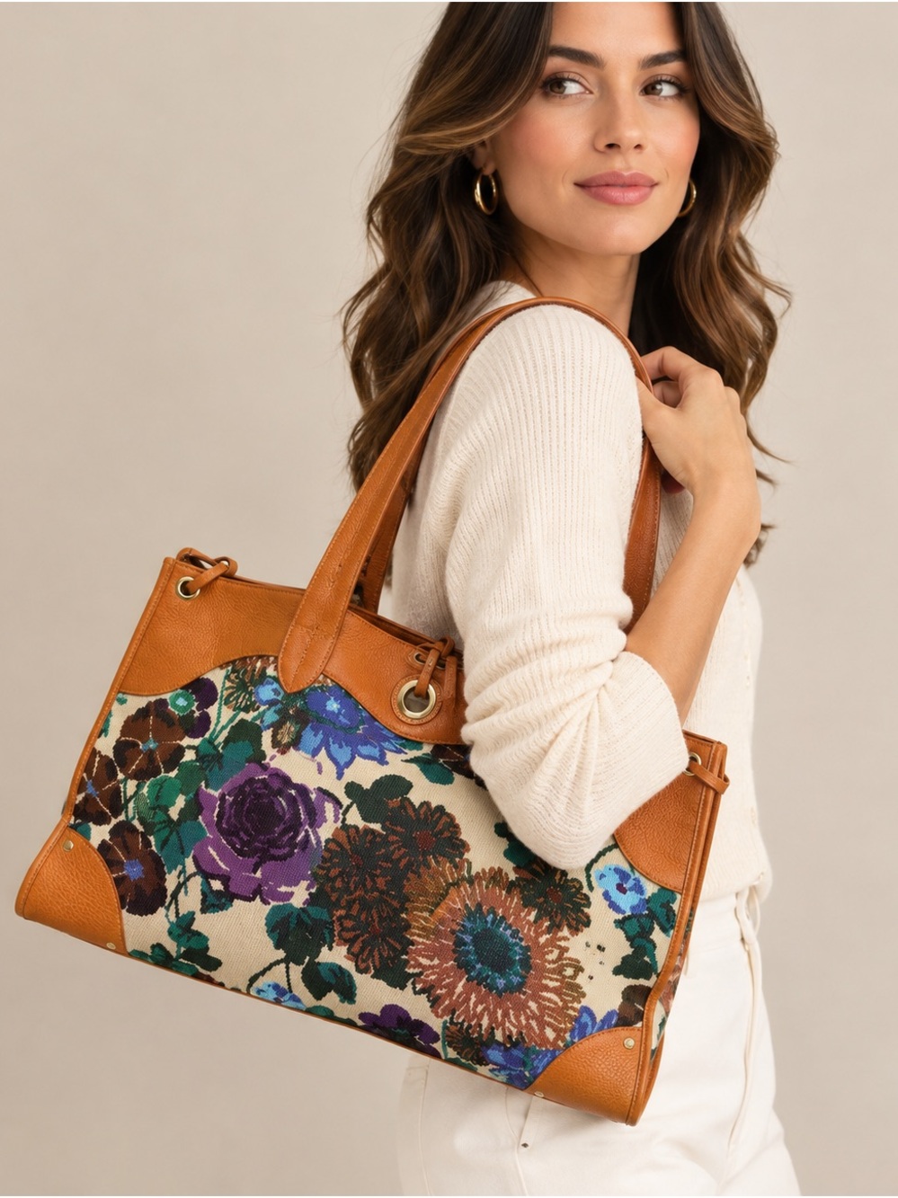 Car Shoe Vintage Floral Tote Bag with Tan Leather Trim